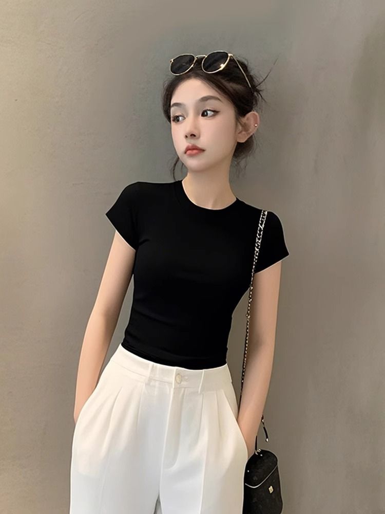 Cotton White Round Neck Short-sleeved T-shirt Women's Summer 2025 New Slim-fitting High-waisted Short Small Front Shoulder Top_ecoleips.com