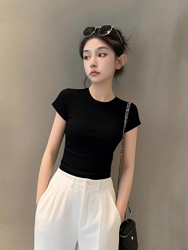 Cotton White Round Neck Short-sleeved T-shirt Women's Summer 2025 New Slim-fitting High-waisted Short Small Front Shoulder Top_ecoleips.com