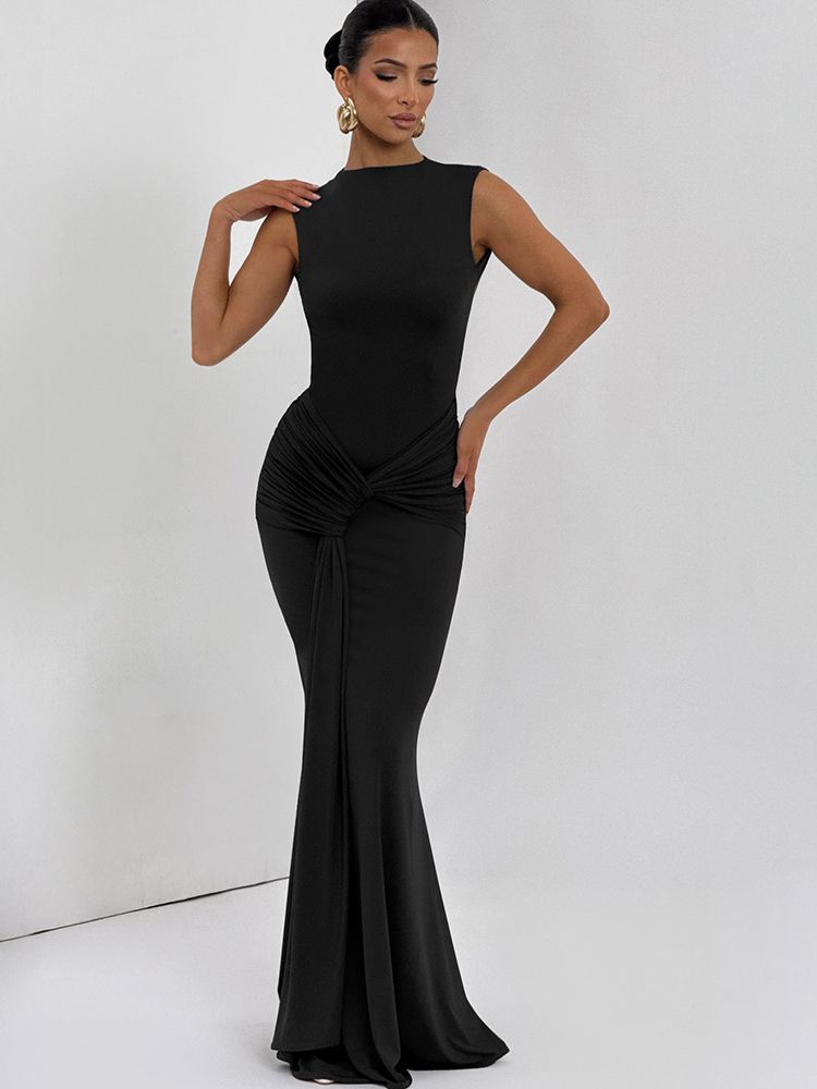 JULISSA MO Elegant Round Neck Ruched Bandage Women Maxi Dress Coffee Sleeveless High Waist Dress Autumn Slim Party Evening Dress_ecoleips.com