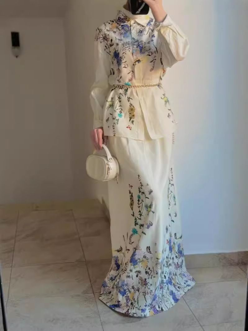 2025 New Muslim Women's Clothing Fashion Flower Print Casual Long Skirt Suit_ecoleips.com