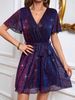 Women's V Neck Belted Sparkling Party Dress, Elegant Design For Party & Casual Vacation, All Seasons Fitted Style_ecoleips.com