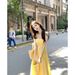 French Style Petite Yellow Strap Women's Summer New Waist-Cinching Elegant Long Beach Vacation Dress_ecoleips.com