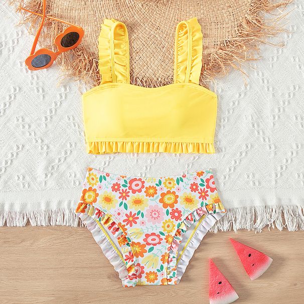 New European And American Style Children's Swimwear, Hot Spring Two-piece Swimsuit, Cute Yellow Bikini Set For Girls_ecoleips.com