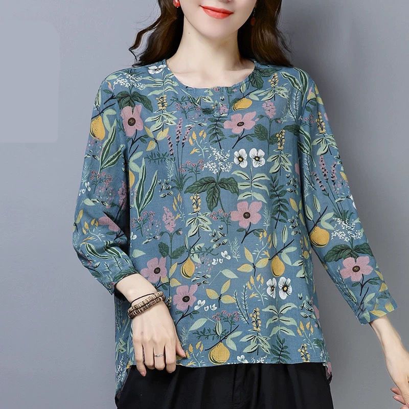 Floral Long-Sleeved T-Shirt Women's Spring And Autumn Large Size Middle-Aged Mother's Western Style Base Shirt Literary_ecoleips.com