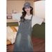 Summer New Hong Kong Petite Loose Casual European Style Minimalist Denim Jumpsuit Maternity Strap Dress_ecoleips.com
