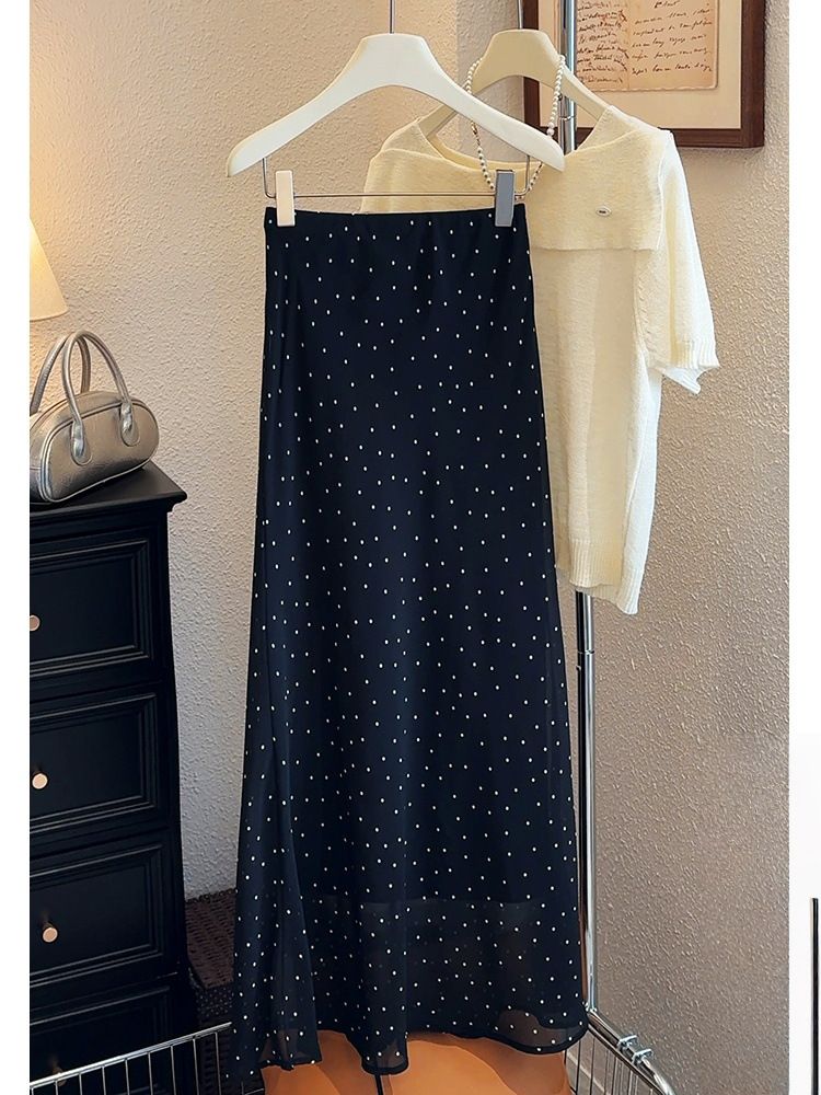 Polka Dot Fishtail Skirt Women's Skirt Summer New Medium And Long Retro Hong Kong Style Hip-wrapped High-waisted Long Skirt_ecoleips.com