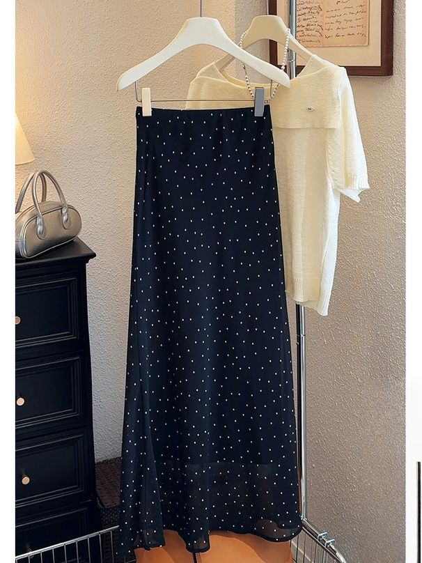 Polka Dot Fishtail Skirt Women's Skirt Summer New Medium And Long Retro Hong Kong Style Hip-wrapped High-waisted Long Skirt_ecoleips.com