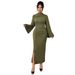 Women's Clothing Plus Size Clothes "Elegant High Waist Bell Sleeve Dress Solid Color Slit Maxi Dress With Pleated Skirt"_ecoleips.com