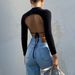 Voya Women's Semi High Neck Slim Fit T-shirt With Spring And Summer Backless Sexy Design Sense, Short Long Sleeved Top For Women_ecoleips.com