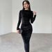 K New Women's Fashion Solid Color Slimming Fold Round Neck Long Sleeve Dress Dress_ecoleips.com