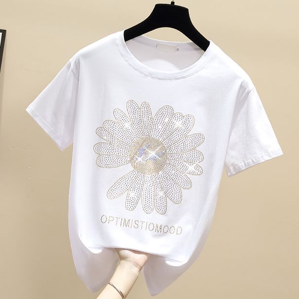 Pure Cotton INS Heavy-duty Rhinestone Loose T-shirt Women Short Sleeve 2023 Summer Internet Celebrity Little Daisy_ecoleips.com