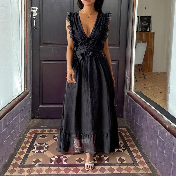 Diyun European And American Elegant Style Deep V Neck Solid Color Long Dress Women's Clothing 2025 Autumn Winter_ecoleips.com