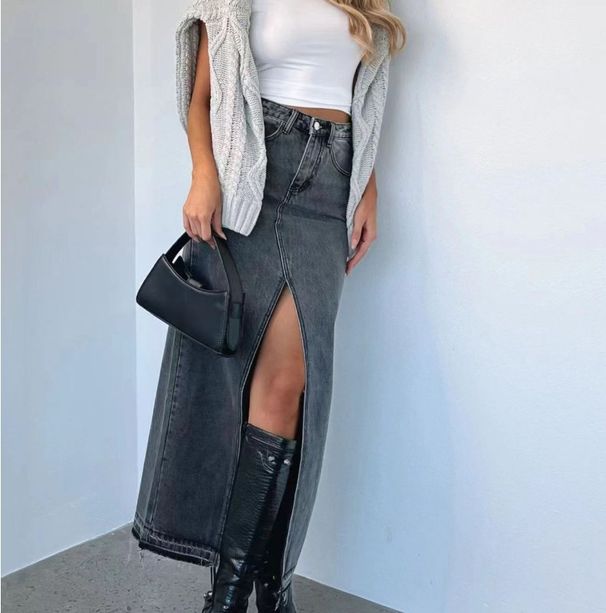 Women's Clothing Women's High Waist Slit Design Denim Skirt Long Skirt_ecoleips.com