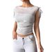 European And American 2025 Summer New Women's Sequined Mesh Off Shoulder Bow Pleated T Shirt Top_ecoleips.com