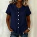 Women's Solid Color Peter Pan Collar Shirt Casual Loose Fit Cotton Linen Blend Short Sleeve Top For Summer_ecoleips.com