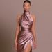 YJ23556 Women's Temperament Stand Collar Long Dress European American Style Halter Neck Sleeveless Slit Slim Fit Summer New_ecoleips.com