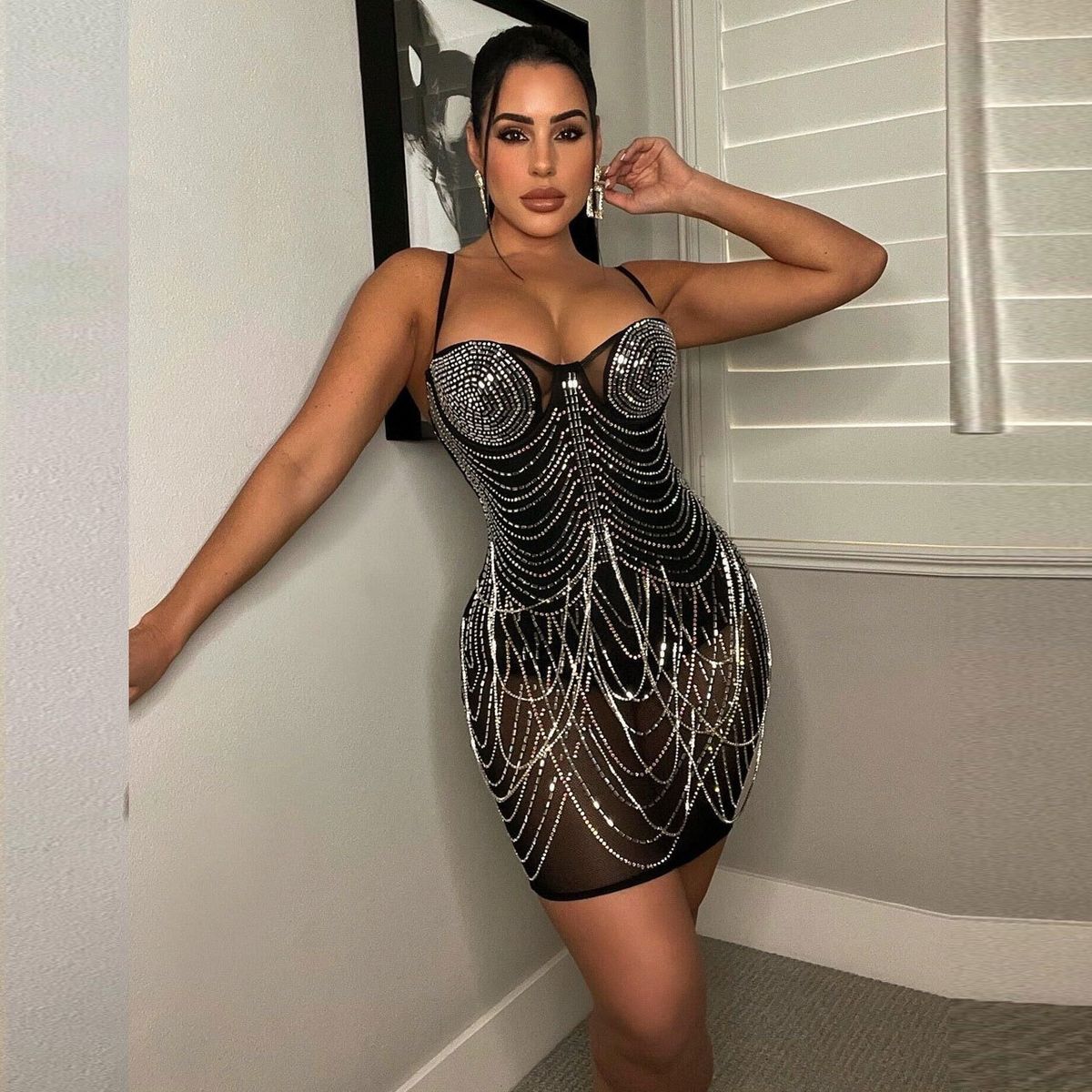 Women's Clothing Sexy Slim-Fit Rhinestone Tassel Dress_ecoleips.com