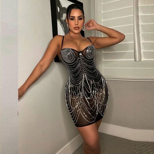 Women's Clothing Sexy Slim-Fit Rhinestone Tassel Dress_ecoleips.com