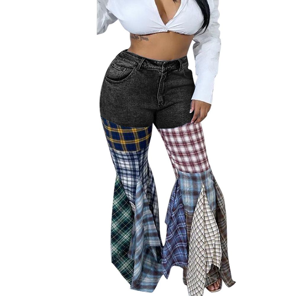 "Houndstooth Stitched Trumpet Denim Pants - Ruffled Hem & Vintage Flare (Light Blue/Dark Blue/Black, S-3XL)"_ecoleips.com