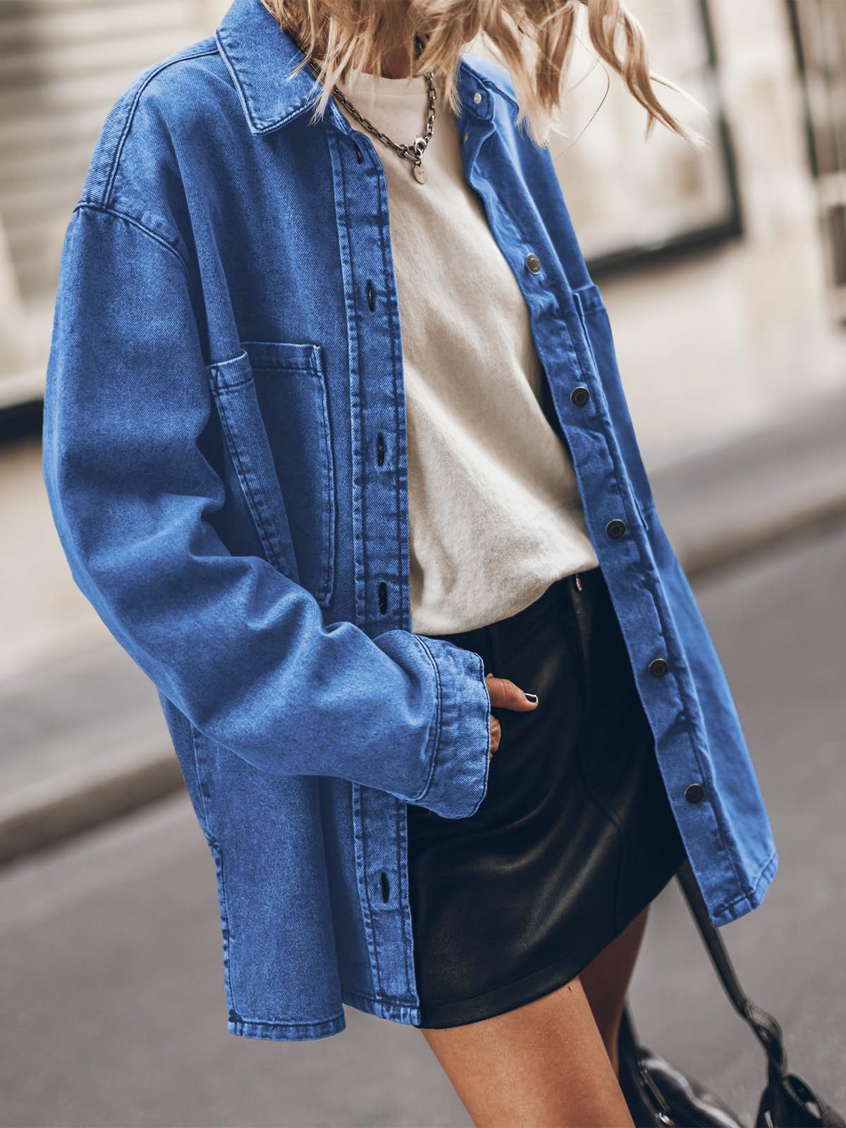Women's Clothing Lapel Denim Jacket Blue Large Pocket Loose Casual Shirt_ecoleips.com