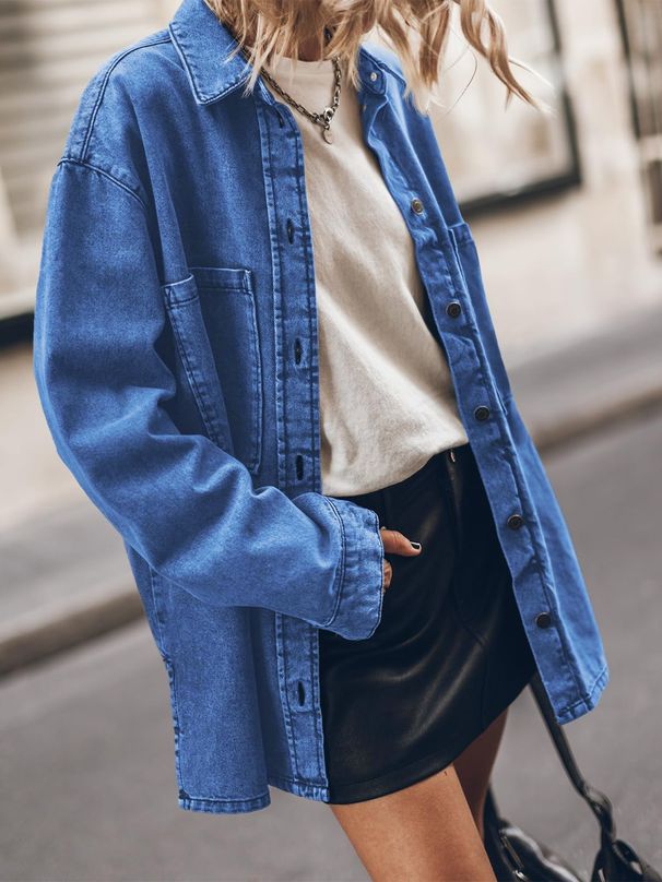 Women's Clothing Lapel Denim Jacket Blue Large Pocket Loose Casual Shirt_ecoleips.com