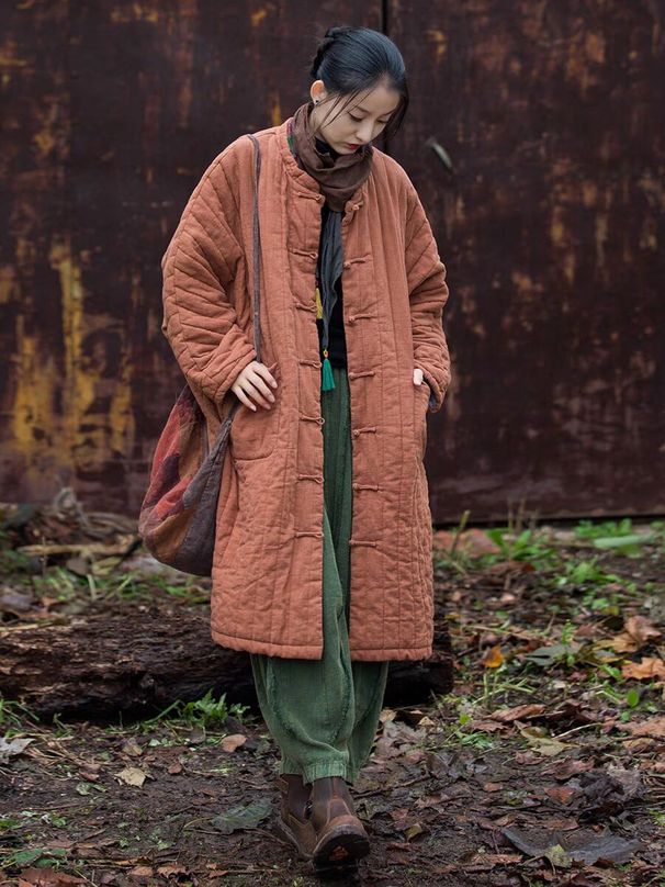 girl New Chinese Zen Style Lazy Linen Quilted Thickened Jacket For Women, Mid-Length Retro Button Warm Cotton Coat_ecoleips.com