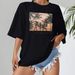 Women's Casual Black T-Shirt round Neck Short Sleeve Cotton Polyester Landscape Print Top European American Style Loose Fit_ecoleips.com