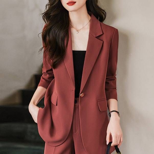 Women's Clothing Red simple fashion suit suit women's suit jacket high waist straight fashion_ecoleips.com