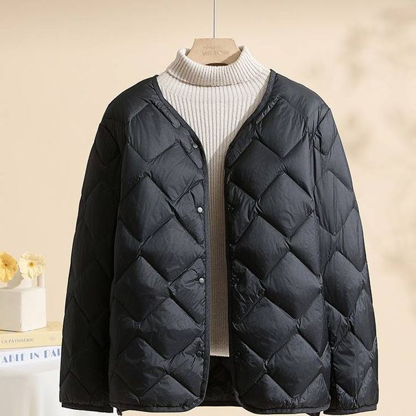 Ultra-Light Cloud Down Jacket For Women - Short Puffer Coat With U-Neck, Slim Fit, Casual Outerwear (Black, Dark Green, Light Beige, Khaki)_ecoleips.com