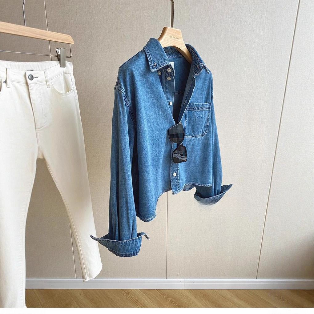 Women's Clothing Women's High-End Embroidered Cotton Short Denim Shirt Versatile Stylish Simple Pocket Detail For Blogger's Style Spring Autumn_ecoleips.com