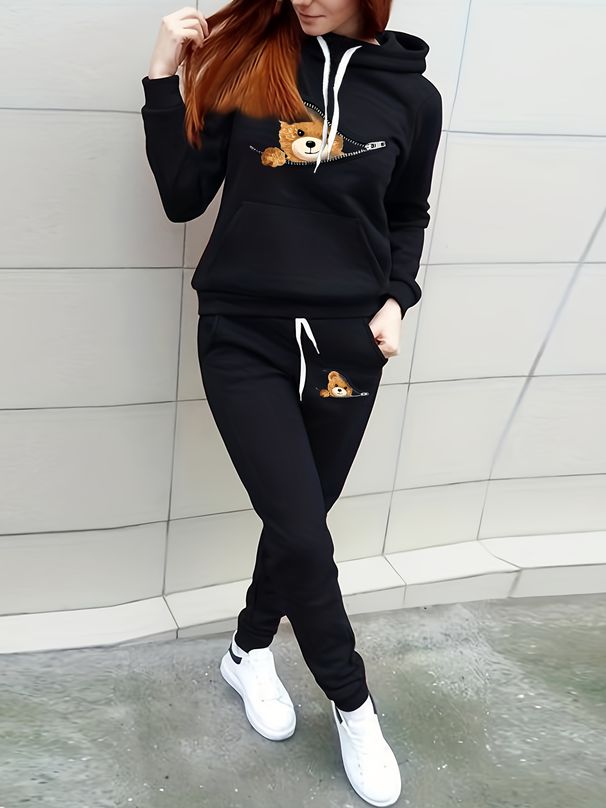 Women's Autumn And Winter Fashionable Casual Zipper Bear Cartoon Pattern Print Thickened And Plush Warm Hooded Sweatshirt+sports Pants Set-799_ecoleips.com