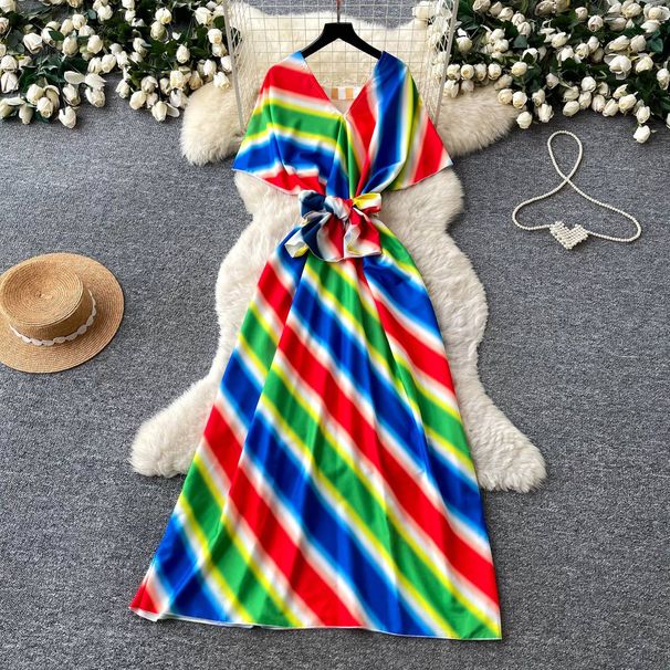 Women's Clothing Women's Slimming Long Dress V Neck Colorful Striped Pattern Resort Style Suitable For Commuting Summer Wear_ecoleips.com