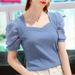 Women's Ice Silk Short Sleeve T-Shirt – French Courtly Style With Puff Sleeves, Breathable & Stretchy Summer Top For Casual & Elegant Looks_ecoleips.com