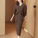 2026 European American Fashion Elegant Pleated Bat-sleeve Plus-size Women's Dress With A Stylish V-neck Solid Color,_ecoleips.com