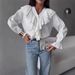 V-Neck Flounce Sleeve Blouse – French Vintage Inspired Oversized Cotton Shirt (S-XXL, White)_ecoleips.com