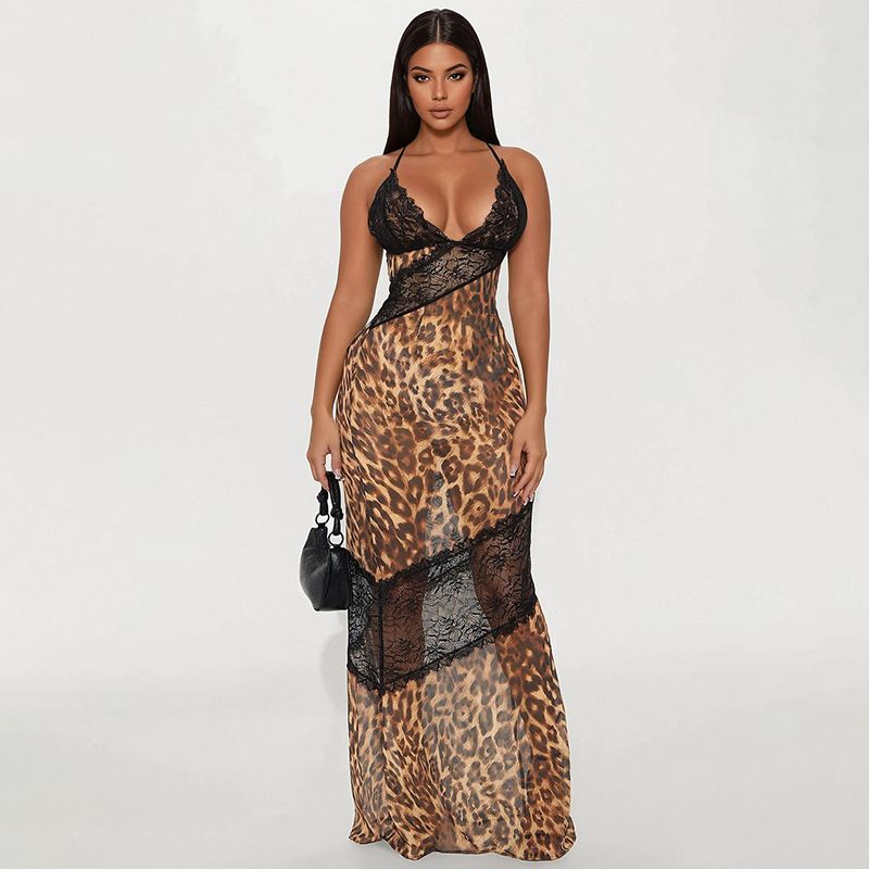 Women's Printed Leopard Patchwork Lace Suspender Fishtail Long Dress European American Style for Wholesale 2025 New Export_ecoleips.com