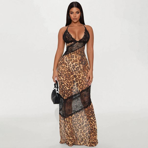 Women's Printed Leopard Patchwork Lace Suspender Fishtail Long Dress European American Style for Wholesale 2025 New Export_ecoleips.com