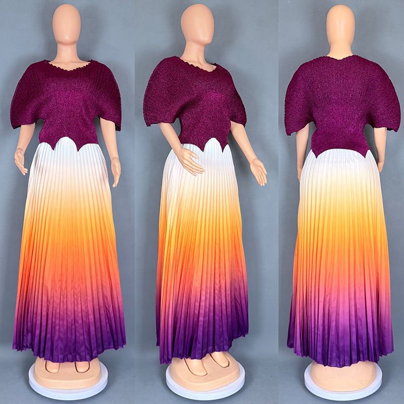 Women's Ruffle V-Neck Top & Gradient Maxi Skirt Set – Stretchy Crinkle Texture (One Size, Green/Yellow/Red/Blue)_ecoleips.com