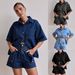 Women's Clothing Summer Women's Casual Retro Loose Shirt Denim Shorts Set_ecoleips.com