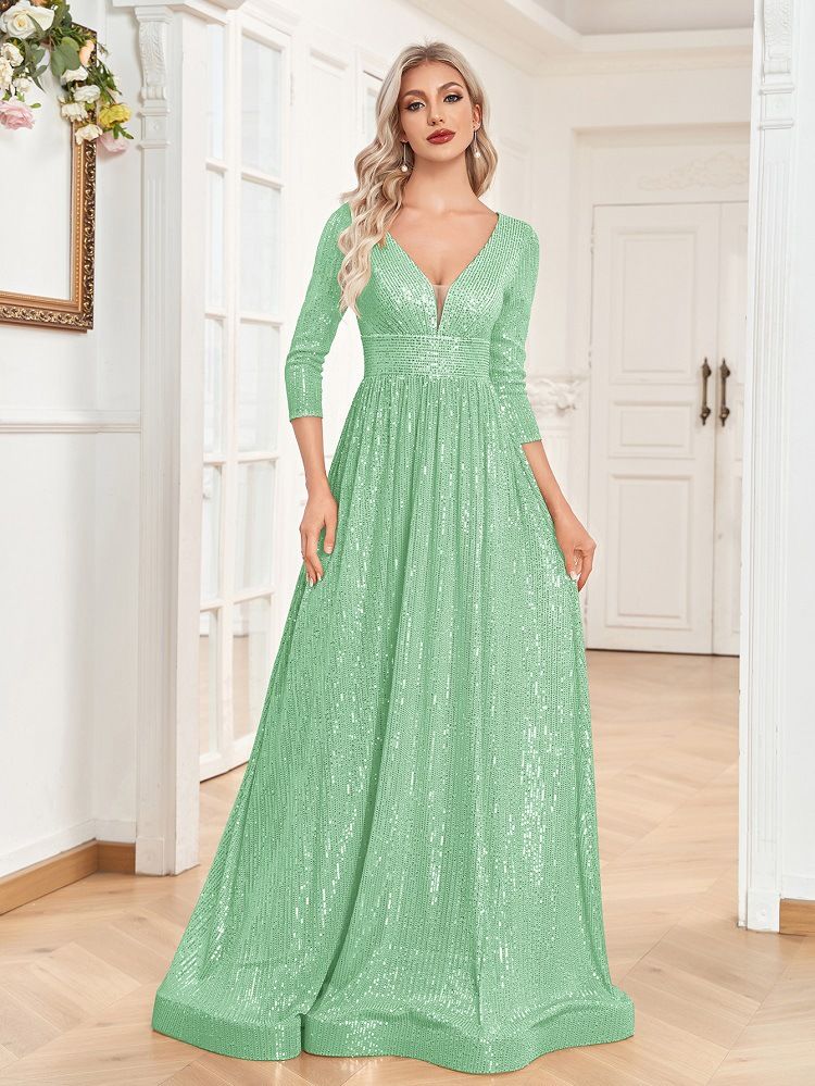 Evening Dress For Women V Neck Long Sleeve Sequins New Style Wedding Host Temperament Slim Party Dance Dress_ecoleips.com