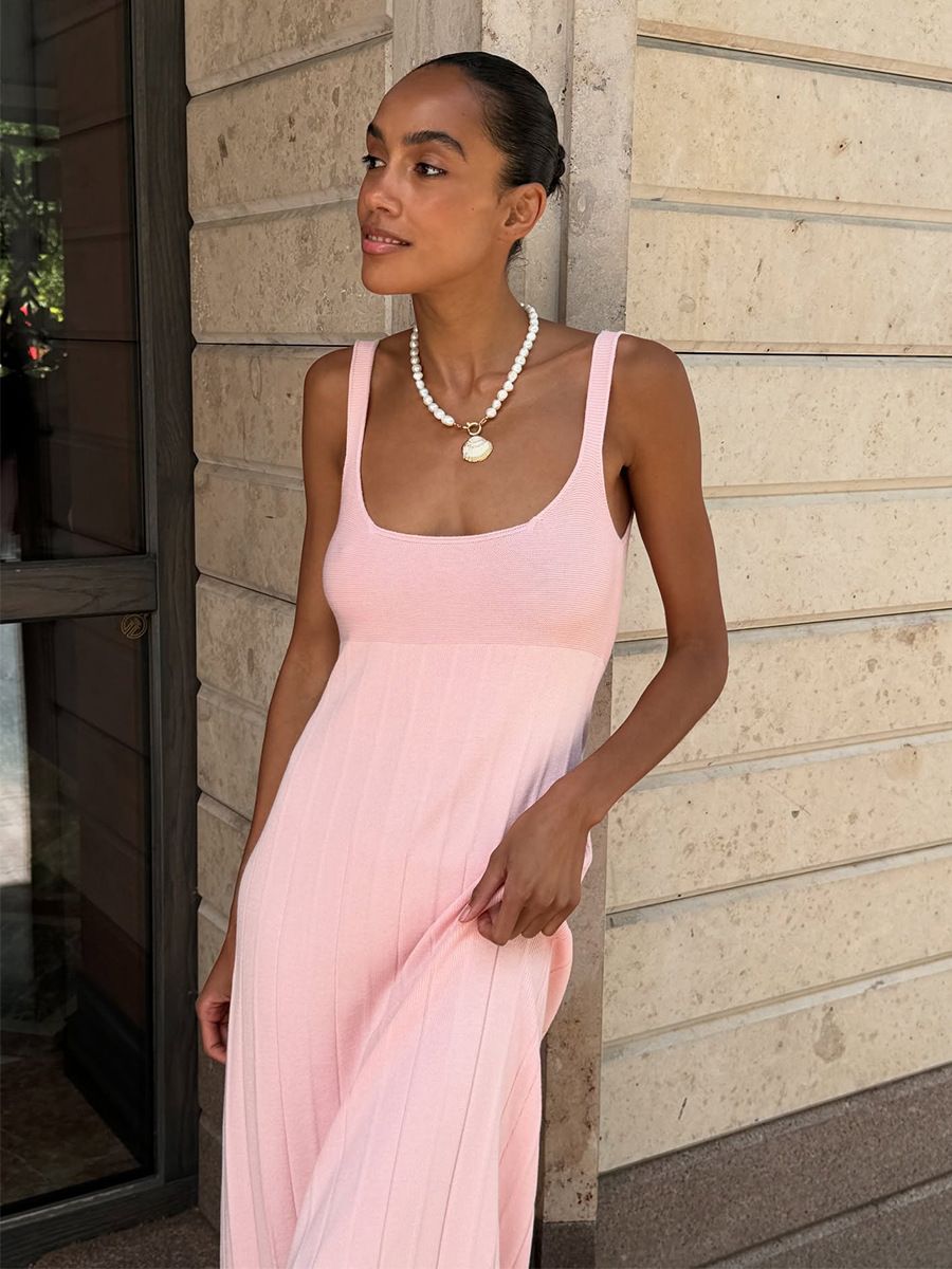 Summer New Style Knitted Slip Dress Casual Lazy Vacation Square Neck Pleated Women's Clothing_ecoleips.com
