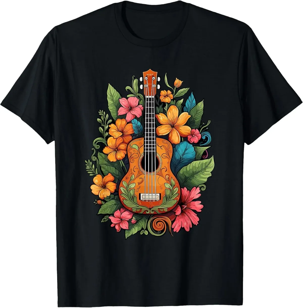 Women's T-Shirts NEW Ukulele Player Hawaiian Tropical Flowers T-Shirt - MADE IN USA_ecoleips.com