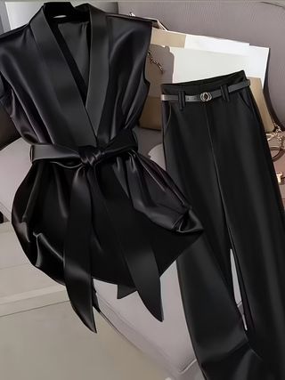 Women's Clothing Elegant Satin Sleeveless Top And Solid Color Slim Fit Trousers Set For Women Belt Not Included_ecoleips.com