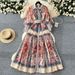 Women's Clothing Retro Style Palace Print Lapel Lantern Sleeve Waist Single Breasted Dress Female Slim Elegant Long Skirt_ecoleips.com
