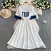 Women's Summer Casual Denim Short Sleeve Dress With Letter Print, Drawstring Waist, Flattering Fit, Mid-Length Knit Blend Dress_ecoleips.com