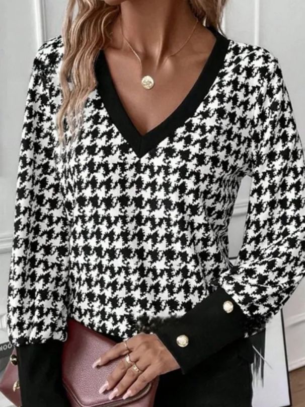 Women's V-Neck Long Sleeve T-Shirt With Houndstooth Print & Contrast Sleeves - Stylish Button-Up Top For Fall & Winter_ecoleips.com