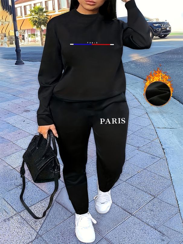Women's Autumn And Winter Hip-hop Casual Street Paris Letter Pattern Printed Round Neck Sweatshirt+sports Pants Set-592_ecoleips.com
