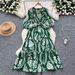 Vintage-Inspired V-Neck Floral Print Dress – Long Sleeve, Belted Waist & Flowy A-Line Silhouette (Multiple Colors, One Size)_ecoleips.com