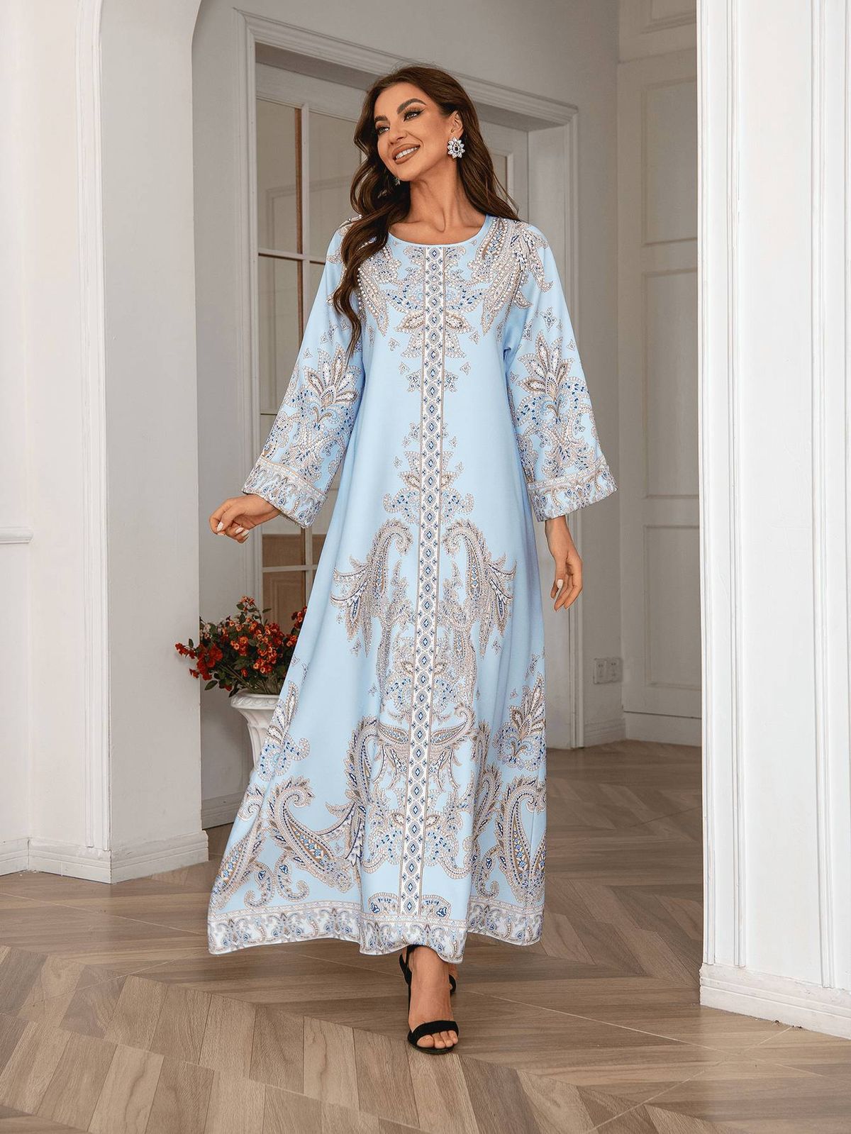 Women's Long Robe Fashion Print Beaded Rhinestone Dress, Elegant Evening Gown, Stylish Long Skirt, Perfect For Special Occasions_ecoleips.com