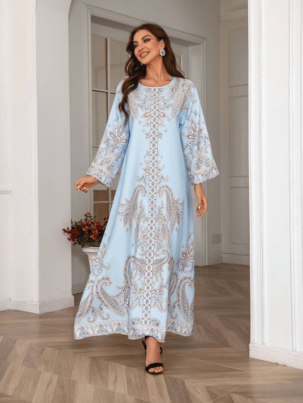 Women's Long Robe Fashion Print Beaded Rhinestone Dress, Elegant Evening Gown, Stylish Long Skirt, Perfect For Special Occasions_ecoleips.com